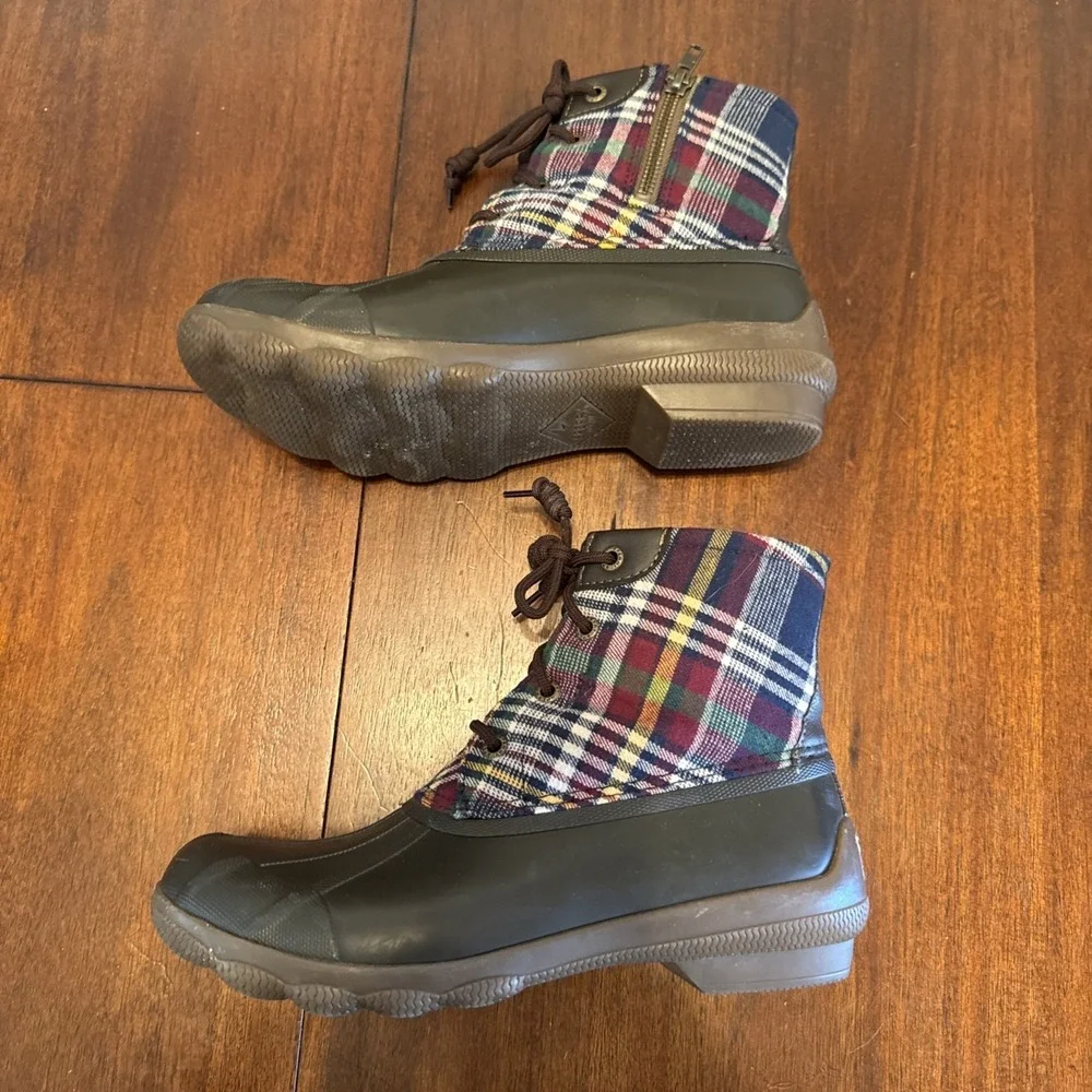 Sperry Duck Boots Womens‎ 6.5 Plaid Rubber Rain Boots Lace Up Waterproof Ankle